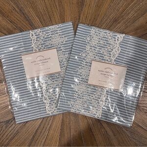 Two Pottery Barn Eyelet Embroidered Stripe Blue White Valence Curtain 44x15 In.